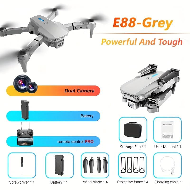 E88 Foldable Remote Control Quadcopter Drone, Suitable for Beginners, Toy Drone, Optional Dual Batteries, Carrying Case, One-Button Start, Waypoint Flight, 360° Flip