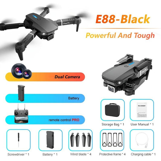 E88 Foldable Remote Control Quadcopter Drone, Suitable for Beginners, Toy Drone, Optional Dual Batteries, Carrying Case, One-Button Start, Waypoint Flight, 360° Flip
