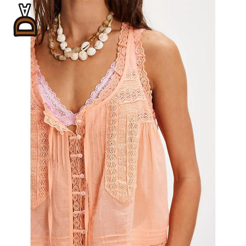 Women Summer Boho Lace Tie Front Tank Beach Vacation Outfits Boho Lace Top and Pants Matching Sets Clothes Sleeveless