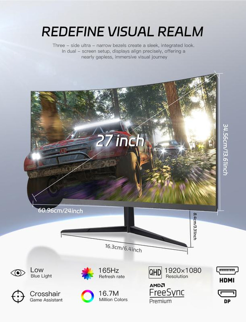 27” Curved QHD Gaming Monitor – 2K IPS, 165Hz, 1Ms, Adaptivesync, Ultra-Slim, Dual HDMI & DP, for PS5, Xbox,