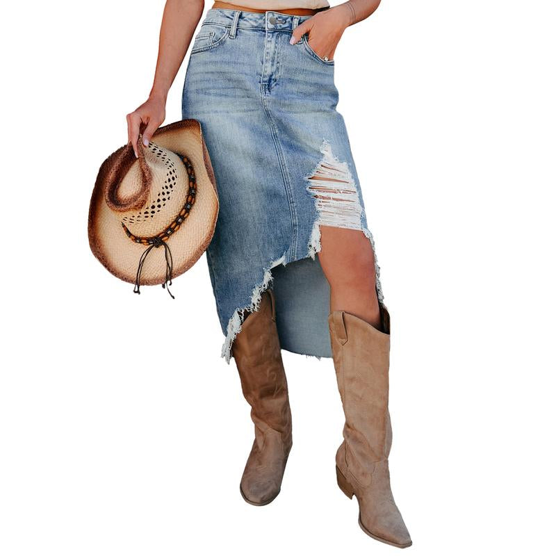 Women’S Myosotis High Waist Irregular Distressed Bottom Denim Midi Skirt