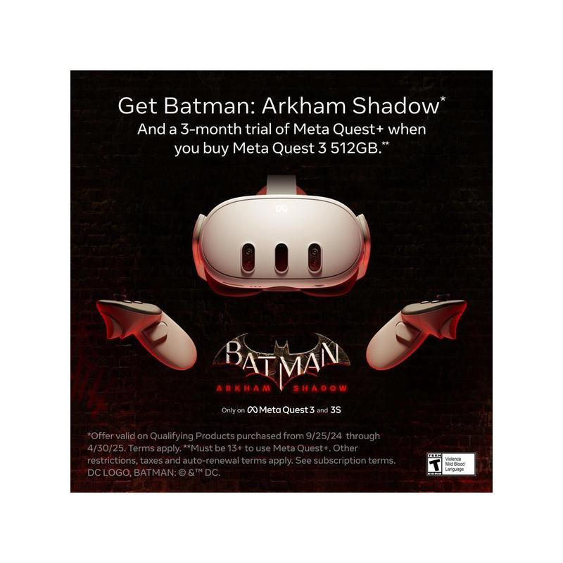 Meta Quest 3 512GB — the Most Powerful Quest — Ultimate Mixed Reality Experiences — Get Batman: Arkham Shadow and a 3-Month Trial of Meta Quest+ Included, VR Wearable Device