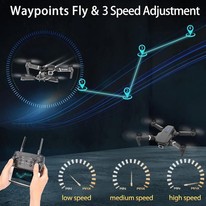 E88 Foldable Remote Control Quadcopter Drone, Suitable for Beginners, Toy Drone, Optional Dual Batteries, Carrying Case, One-Button Start, Waypoint Flight, 360° Flip