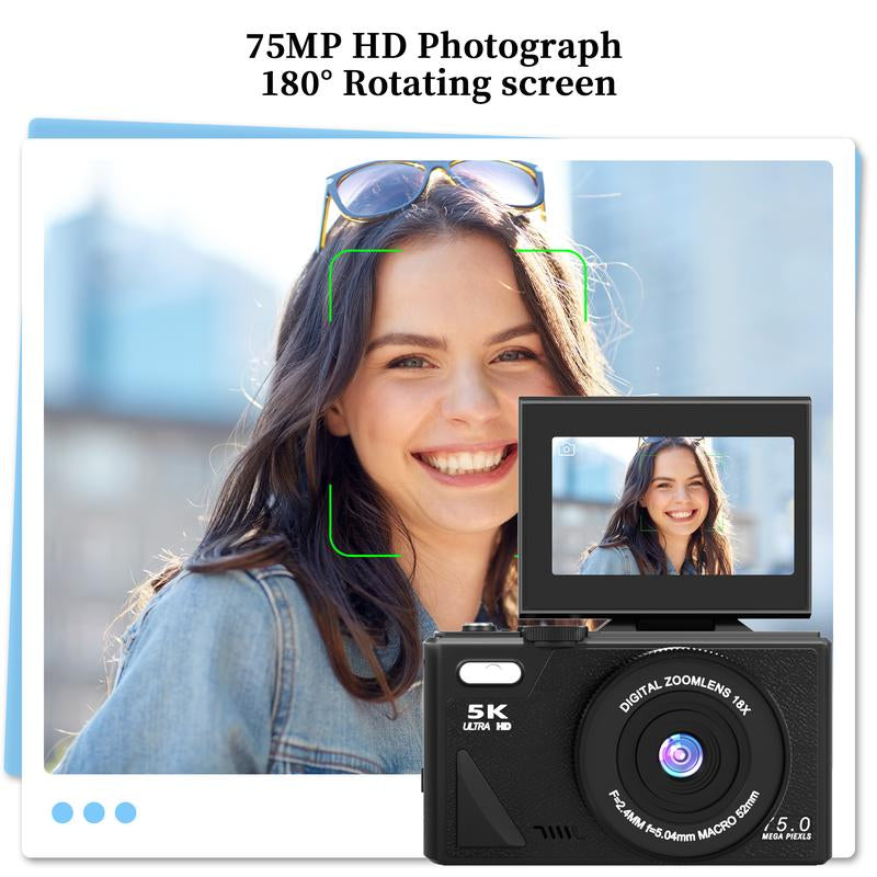 2025 Digital Camera 5K,Digital Camera with Flip Screen,18X Digital Zoom Camera for Vlogging,Content Creator Camera,Portable Retro Camera，With for 2 Batteries,Compact Travel Camera for Teens,Summer Gifts