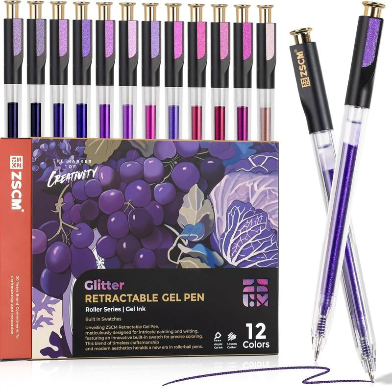 ZSCM Retractable Glitter Gel Pens Large Capacity Red Pink Glitter Metallic Gel Ink Pens 1 Mm Fine Point Smooth Writing Color Pens for Adult Coloring Book Note Taking Aesthetic Art Supplies