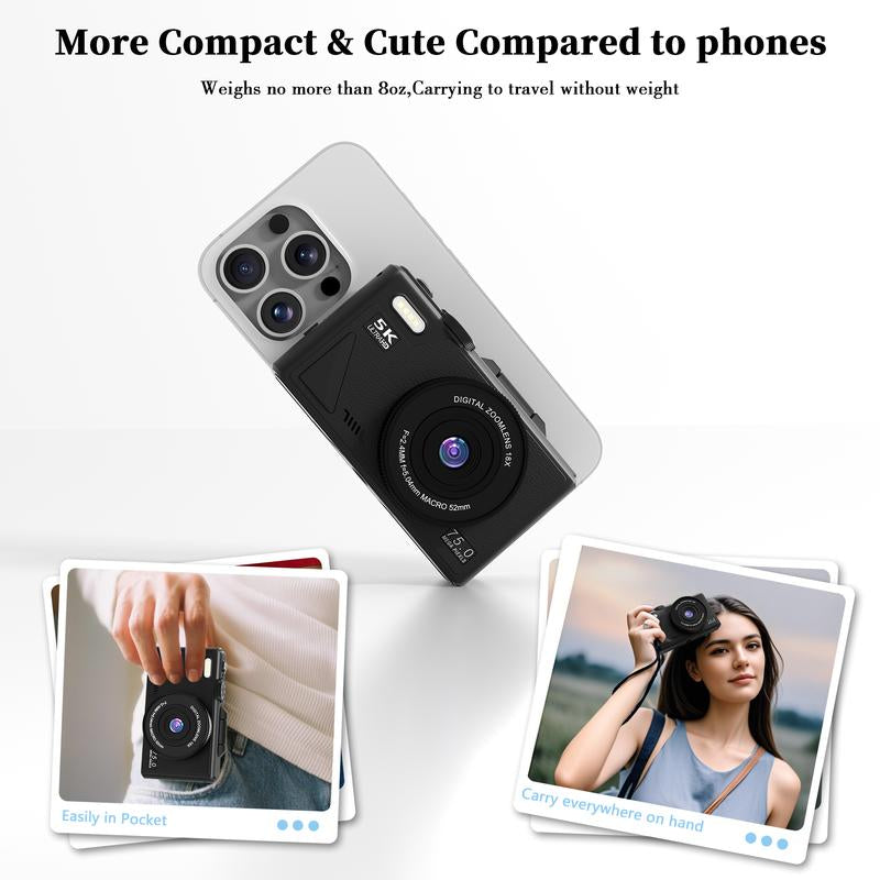 2025 Digital Camera 5K,Digital Camera with Flip Screen,18X Digital Zoom Camera for Vlogging,Content Creator Camera,Portable Retro Camera，With for 2 Batteries,Compact Travel Camera for Teens,Summer Gifts