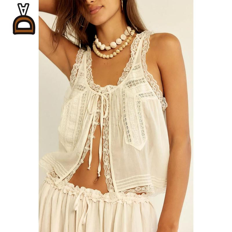 Women Summer Boho Lace Tie Front Tank Beach Vacation Outfits Boho Lace Top and Pants Matching Sets Clothes Sleeveless