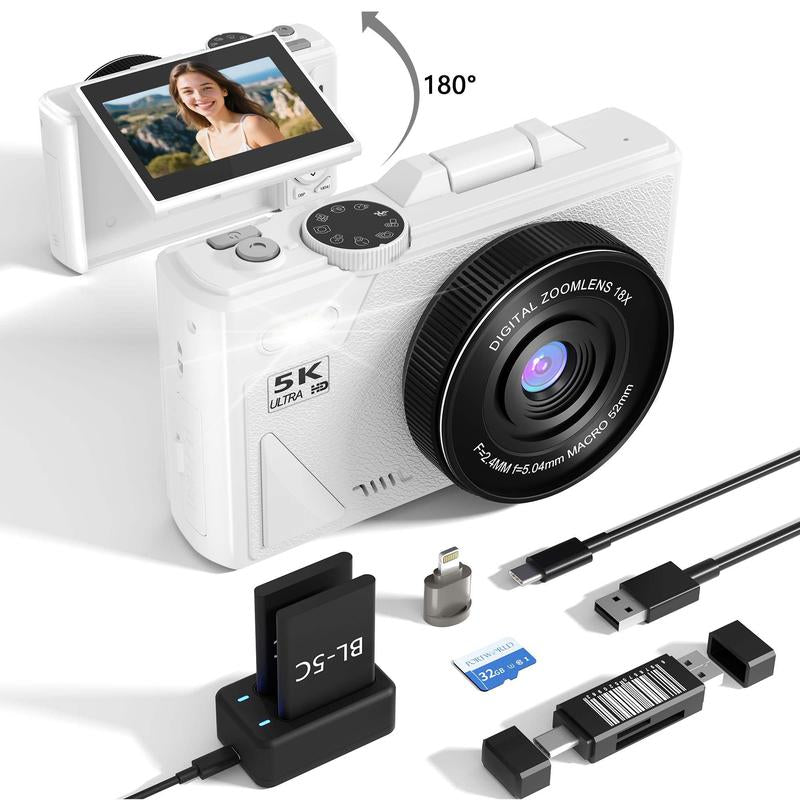 2025 Digital Camera 5K,Digital Camera with Flip Screen,18X Digital Zoom Camera for Vlogging,Content Creator Camera,Portable Retro Camera，With for 2 Batteries,Compact Travel Camera for Teens,Summer Gifts
