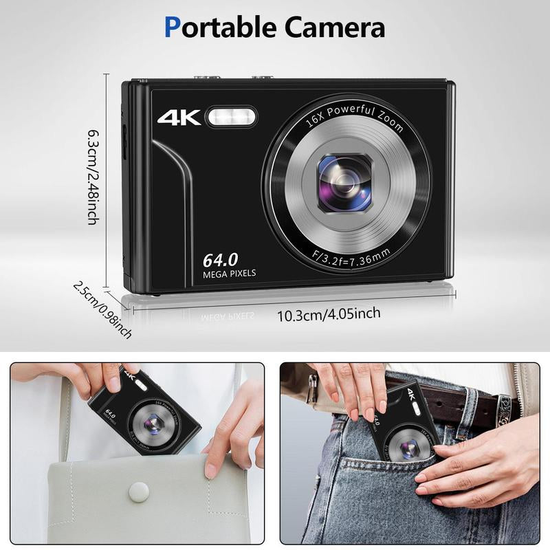 4K Digital Camera, 1Pc 64MP Auto Focus Digital Cameras, Compact & Portable Camera, Gifts for Boyfriend, Camera for Stunning Photos, Pocket Camera, Black, Rechargeable, Screen, Mini, Traveling Gadgets, Beginner Digital Camera, Vlogging Camera