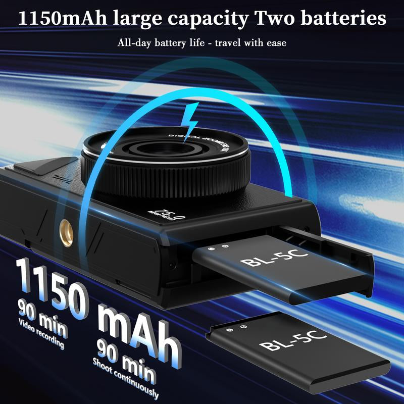 2025 Digital Camera 5K,Digital Camera with Flip Screen,18X Digital Zoom Camera for Vlogging,Content Creator Camera,Portable Retro Camera，With for 2 Batteries,Compact Travel Camera for Teens,Summer Gifts