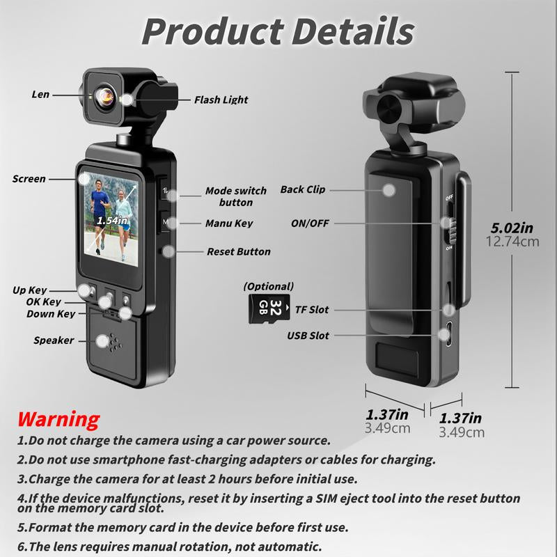 1080P Pocket Action Camera, 360° Rotatable Lens & 1.54-Inch Screen, Wearable Vlogging Camera, Wireless Wifi Body Camera, Video Blog, Sport DV, Streaming Camera, Selfie Video Camera