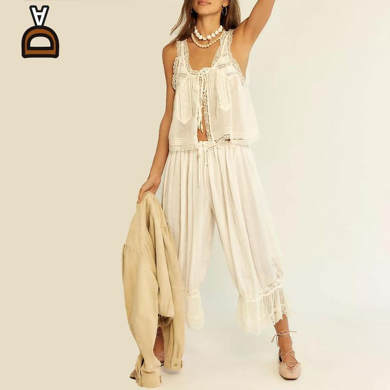 Women Summer Boho Lace Tie Front Tank Beach Vacation Outfits Boho Lace Top and Pants Matching Sets Clothes Sleeveless