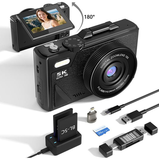 2025 Digital Camera 5K,Digital Camera with Flip Screen,18X Digital Zoom Camera for Vlogging,Content Creator Camera,Portable Retro Camera，With for 2 Batteries,Compact Travel Camera for Teens,Summer Gifts