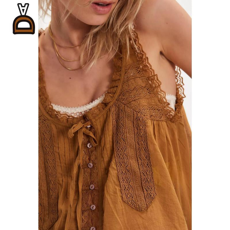 Women Summer Boho Lace Tie Front Tank Beach Vacation Outfits Boho Lace Top and Pants Matching Sets Clothes Sleeveless