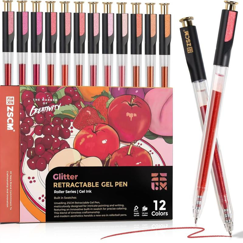 ZSCM Retractable Glitter Gel Pens Large Capacity Red Pink Glitter Metallic Gel Ink Pens 1 Mm Fine Point Smooth Writing Color Pens for Adult Coloring Book Note Taking Aesthetic Art Supplies