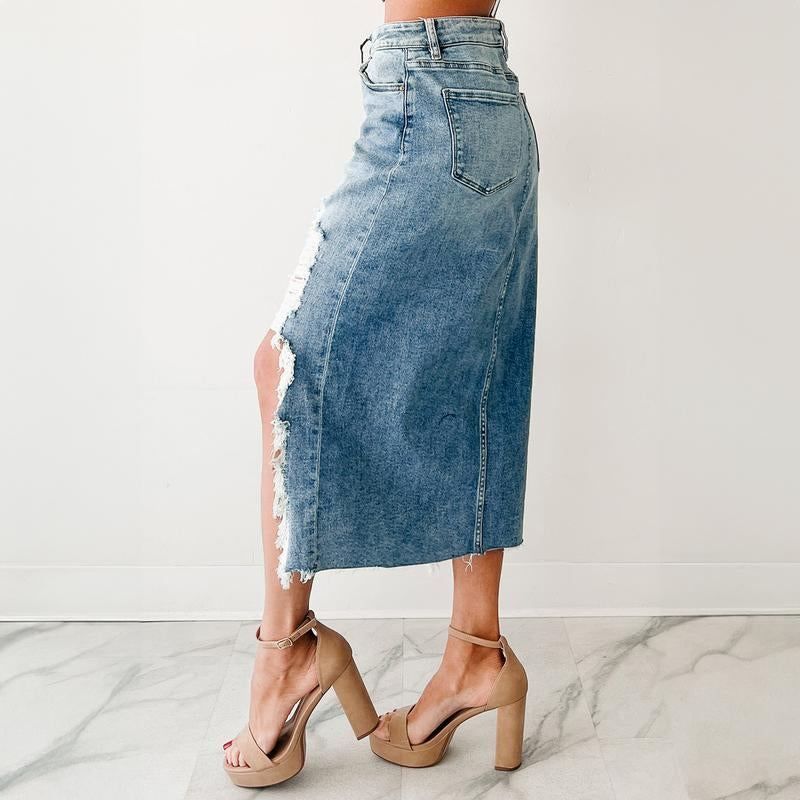 Women’S Myosotis High Waist Irregular Distressed Bottom Denim Midi Skirt