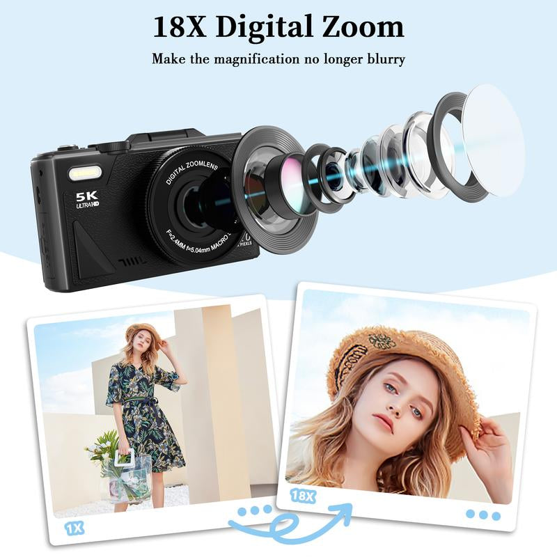 2025 Digital Camera 5K,Digital Camera with Flip Screen,18X Digital Zoom Camera for Vlogging,Content Creator Camera,Portable Retro Camera，With for 2 Batteries,Compact Travel Camera for Teens,Summer Gifts