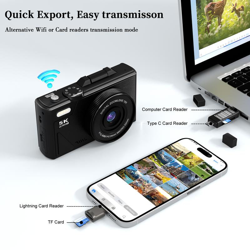 2025 Digital Camera 5K,Digital Camera with Flip Screen,18X Digital Zoom Camera for Vlogging,Content Creator Camera,Portable Retro Camera，With for 2 Batteries,Compact Travel Camera for Teens,Summer Gifts