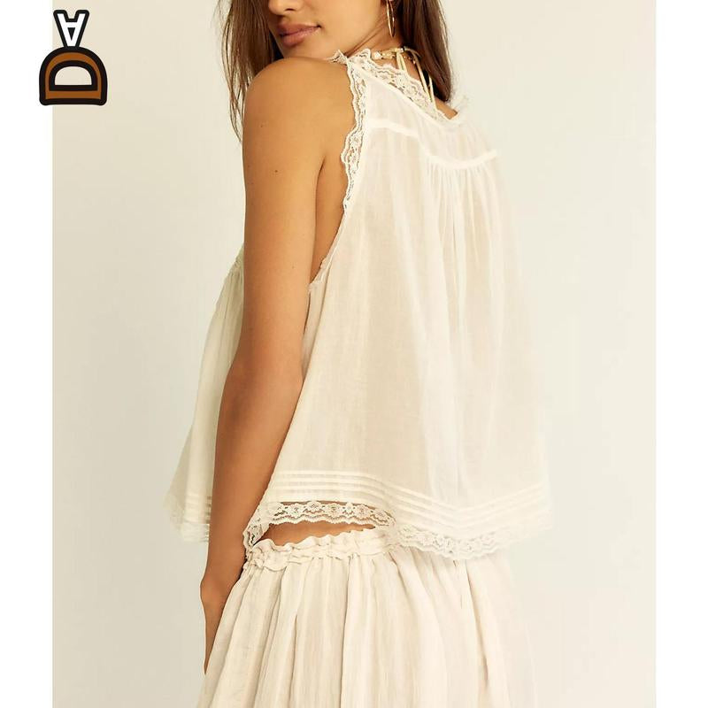 Women Summer Boho Lace Tie Front Tank Beach Vacation Outfits Boho Lace Top and Pants Matching Sets Clothes Sleeveless