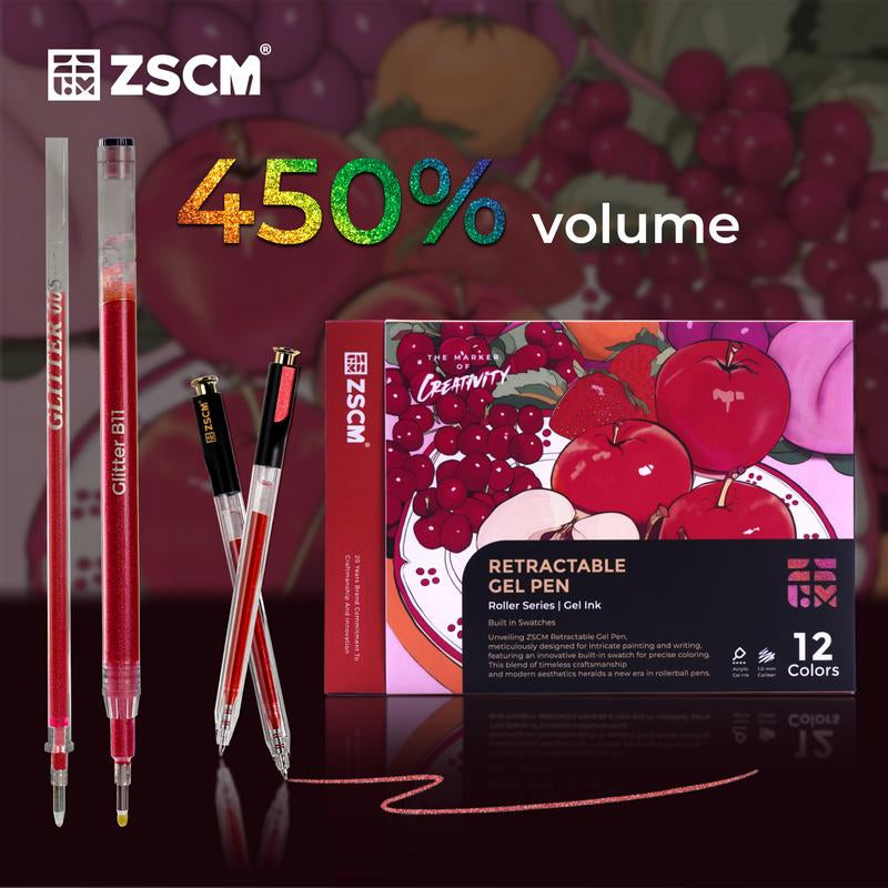 ZSCM Retractable Glitter Gel Pens Large Capacity Red Pink Glitter Metallic Gel Ink Pens 1 Mm Fine Point Smooth Writing Color Pens for Adult Coloring Book Note Taking Aesthetic Art Supplies