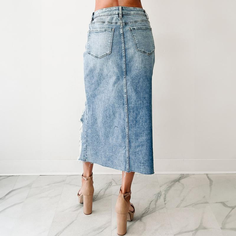 Women’S Myosotis High Waist Irregular Distressed Bottom Denim Midi Skirt