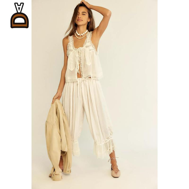 Women Summer Boho Lace Tie Front Tank Beach Vacation Outfits Boho Lace Top and Pants Matching Sets Clothes Sleeveless