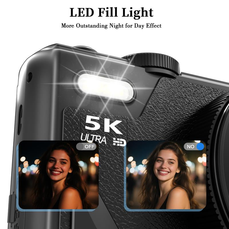 2025 Digital Camera 5K,Digital Camera with Flip Screen,18X Digital Zoom Camera for Vlogging,Content Creator Camera,Portable Retro Camera，With for 2 Batteries,Compact Travel Camera for Teens,Summer Gifts