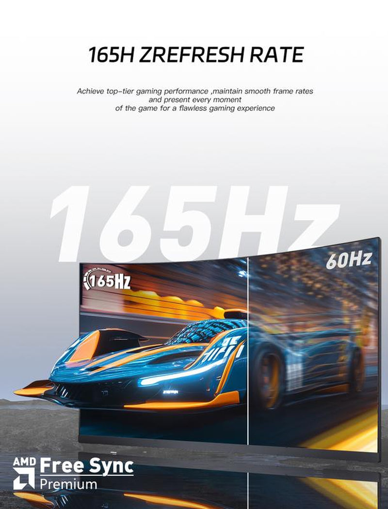 27” Curved QHD Gaming Monitor – 2K IPS, 165Hz, 1Ms, Adaptivesync, Ultra-Slim, Dual HDMI & DP, for PS5, Xbox,