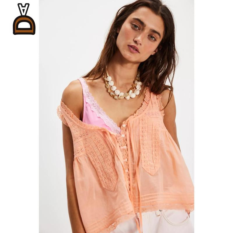 Women Summer Boho Lace Tie Front Tank Beach Vacation Outfits Boho Lace Top and Pants Matching Sets Clothes Sleeveless